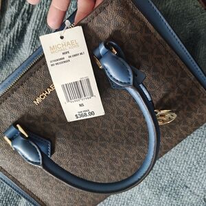MICHAEL KORS HOPE MEDIUM MESSENGER SATCHEL BAG MK SIGNATURE BROWN BLUE